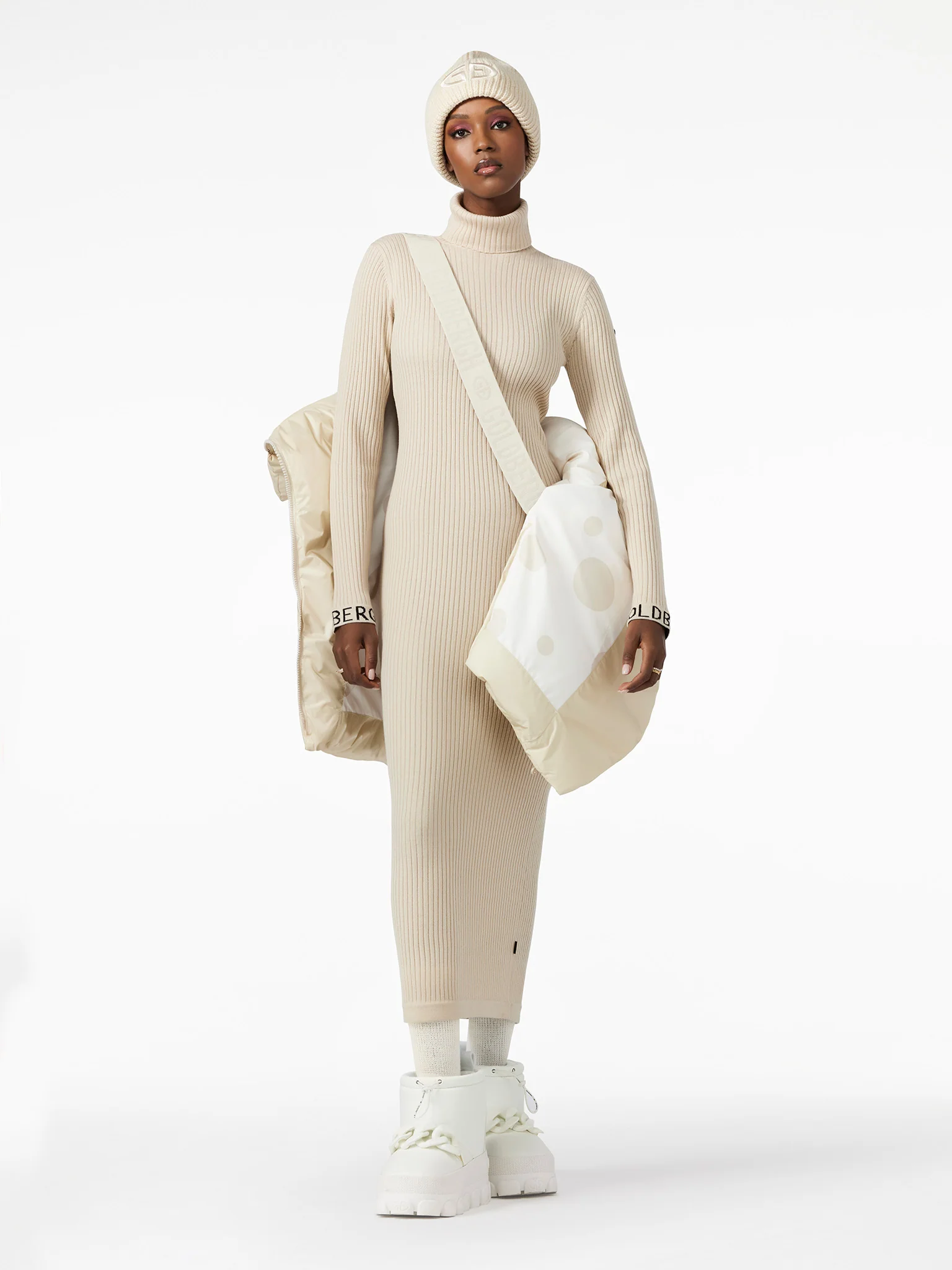 Mireille Long Sleeve Knit Dress Champagne Outfit
